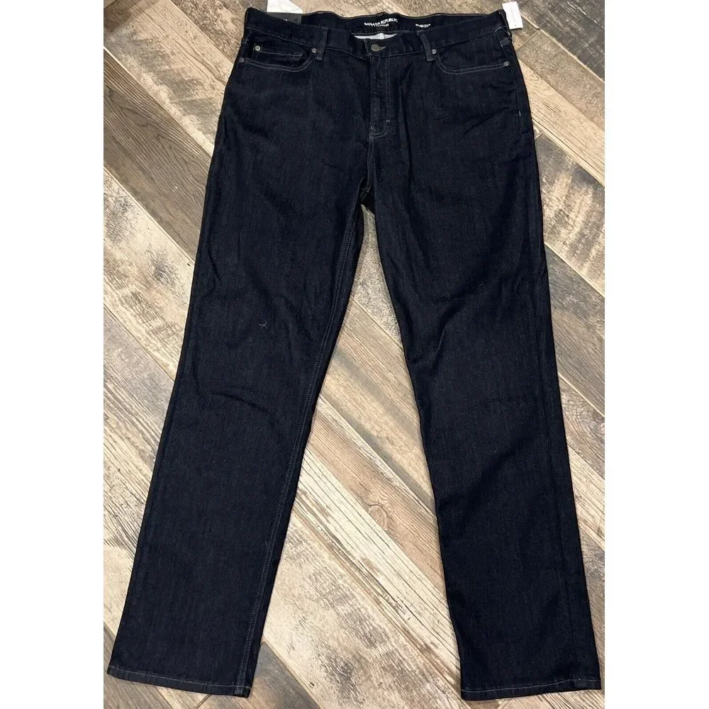 New $129 Banana Republic Traveler Jeans Men Slim Fit Dark Blue Denim 38x34 Tall‎